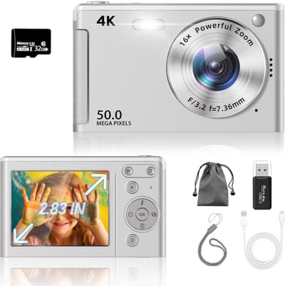 Camera-Digitale Camera 4K - 64MP Compactcamera met Autofocus en Anti-Shake - 18x Digitale Zoom - 2.83 Inch Scherm - Inclusief 32GB SD Kaart en Accu's - Zilver