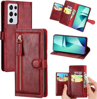 Samsung Galaxy S21 Book case met ritssluiting van LuxeBass - Flipcover - Magnetisch - 5 kaarten houder - Rood - telefoonhoes - gsm hoes - telefoonhoesjes