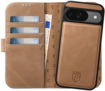 Rosso Elite Hoesje Geschikt voor Google Pixel 9 / 9 Pro | Compatibel met MagSafe | Book Case en Back Cover | Magnetisch Uitneembaar | Echt Leer Beschermhoes met Pasjeshouder | Lichtbruin