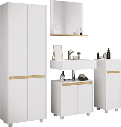VCM 4-tlg. Badmöbel Set mit Waschbeckenunterschrank, breiter Hochschrank, Midischrank & Spiegel - Cosila L