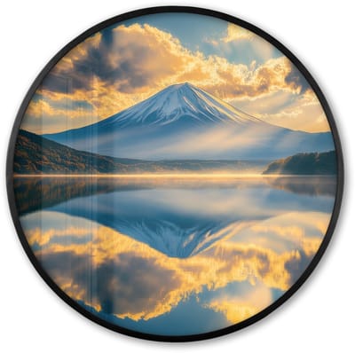 Poster in lijst Rond - Fotolijst 60x60 cm - Posters - Berg - Rivier - Zonsondergang - Ronde posterlijst zwart - Decoratie - Wanddecoratie woonkamer - Muurdecoratie slaapkamer