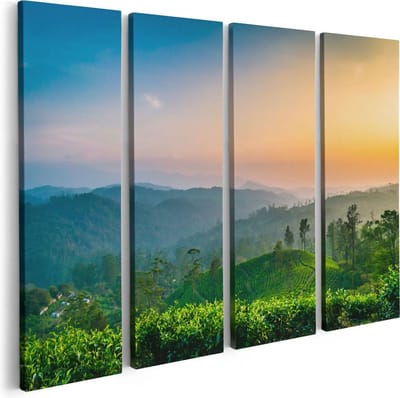Artaza Canvas Schilderij Vierluik Zonsondergang Op Een Thee Plantage  - 80x60 - Foto Op Canvas - Canvas Print