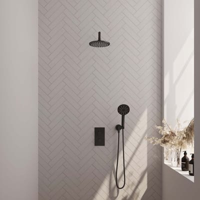 Brauer Black Edition thermostatische inbouw regendouche 3-weg omstelling SET 33 met 20 cm douchekop en gebogen muurarm en 3-standen handdouche en doucheslang en wandaansluitbocht mat zwart