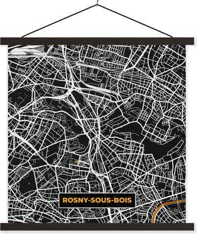 Posterhanger incl. Poster 60x60 cm - Schoolplaat - Rosny-sous-Bois - Kaart - Stadskaart - Frankrijk - Plattegrond - Textielposter - Zwarte latten - Stadskaart