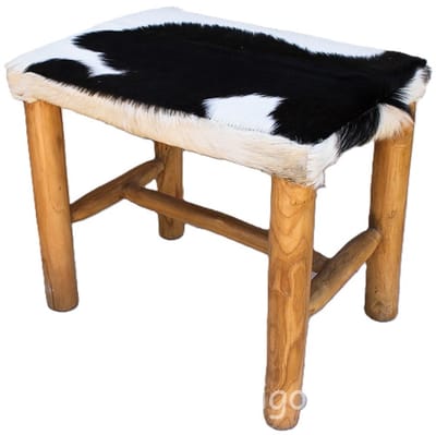 MigoStyling - Krukje - geitenvacht - Bankje - Teakhout - Hocker - Bruin - Wit - Geitenleer