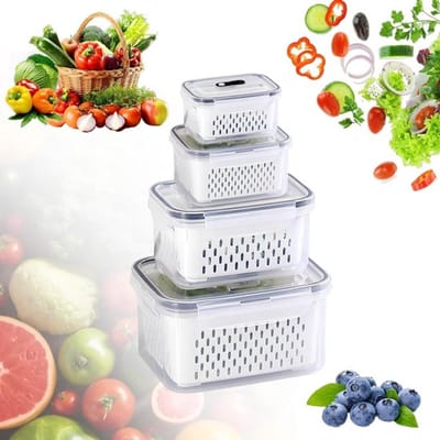 Set van 4 voedselopslagcontainers met deksel, koelkastorganizer met schap voor luchtdichte, lekvrije opslag van fruit, groenten en bessen