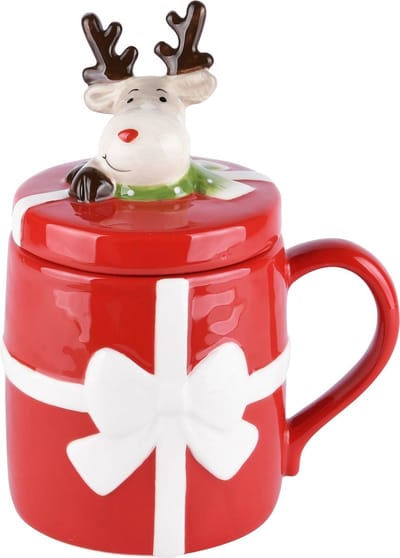 Dekoratief | Mok m/deksel rudolf, rood/wit, keramiek, 13x9x16cm | A225680