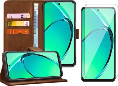 Hoesje geschikt voor Oppo A40 / A40m / A60 - Screenprotector Glas - Portemonnee Book Case Bruin
