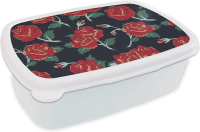Broodtrommel Wit - Lunchbox - Brooddoos - Rozen - Bloem - Patroon - Rood - 18x12x6 cm - Volwassenen