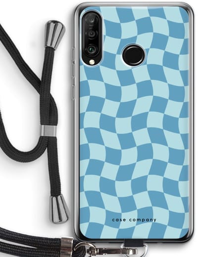 Case Company® - Hoesje met koord geschikt voor Huawei P30 Lite hoesje met Koord - Grid Blauw - Telefoonhoesje met Zwart Koord - Bescherming aan alle Kanten en Over de Schermrand