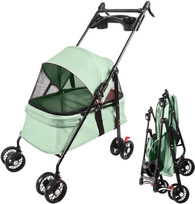 PIPIPOXER Hondenbuggy met gaasvenster, opvouwbaar met 2 veiligheidsriemen, voor kleine honden en katten-Groen
