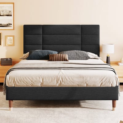 YEHTOKHOME Gestoffeerd bed Tweepersoonsbed met lattenbodem, 140x200 cm bedframe met hoofdeinde, in zwart linnen, voor volwassenen en jongeren (Geen matras)