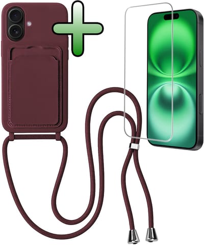 Hoes Geschikt voor iPhone 16 Plus Hoesje Pas Houder Case Hoes Met Koord Met Screenprotector - Hoesje Geschikt voor iPhone 16 Plus Hoes Met Telefoonkoord Pasjeshouder Cover - Aubergine