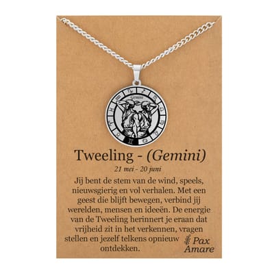 Sterrenbeeld Tweelingen (Gemini) Ketting op Cadeau Kaartje - Zilverkleurig - Roestvrij Staal Zodiac Talisman - Stainless Steel - 60cm - Pax Amare