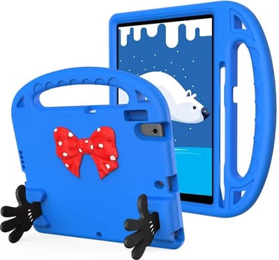 Kinderhoes - Schokbestendig - Lichtgewicht - Boogknoop Schattig - Handvat Kickstand Geschikt voor: Apple iPad 10.2 inch 9e/8e/7e generatie - 2021/2020/2019 - Blauw