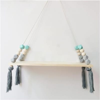 Drijvende Houten Wandplank met Macramé, Beads en Tassels voor Badkamer, Woonkamer en Slaapkamer Decoratie
