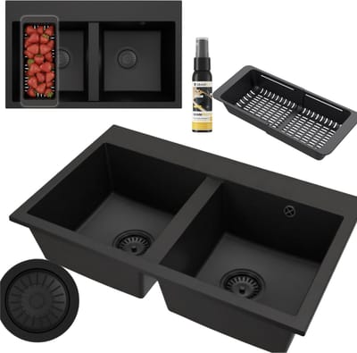 Granitan Twin granieten spoelbak - 80x49 cm - zwart - 2 bakken
