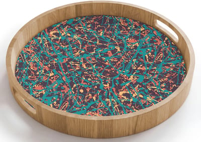 Dienblad rond 40x40 cm - Schootdienblad hout - Spat - Abstract - Oranje - Groen - Borrelplank rechthoek - Plateau houten dienbladen