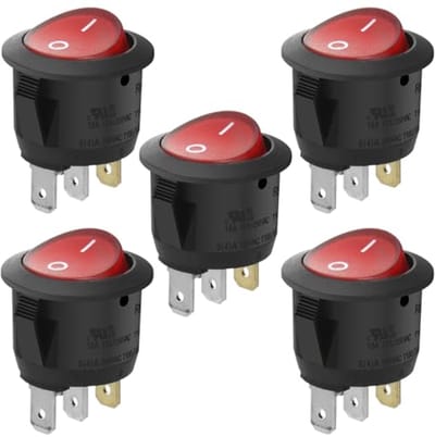 Ronde tuimelschakelaar aan/uit met 3 klemmen en rood licht - 10A - 250V AC - Set van 5
