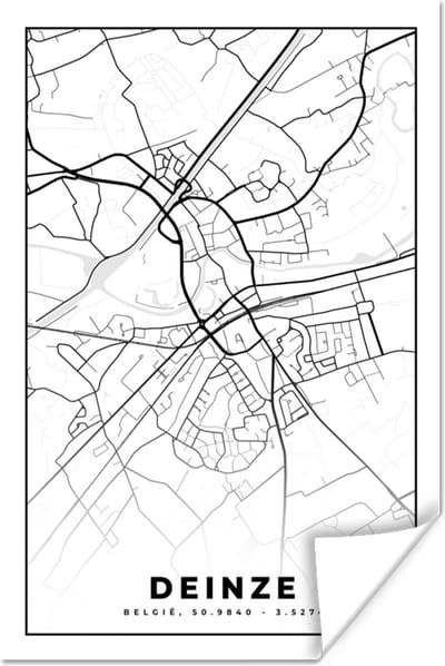 Poster Stadskaart – Zwart Wit - Kaart – Deinze – België – Plattegrond - 120x180 cm XXL