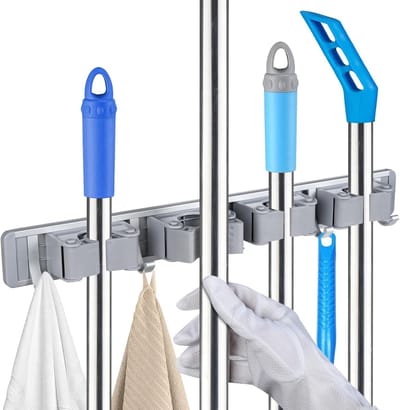 Broom Holder voor Muur met 4 Houder en 5 Haken, Ideaal voor Organisatie in Huis, Keuken, Garage en Tuin