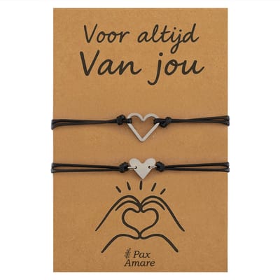 Koppel Armbandjes voor 2 "Voor altijd van Jou" - Hartjes - Vriendschapsarmbandjes met Valentijn Cadeau Kaartje - Zilverkleurig - Elastisch Verstelbaar - Pax Amare