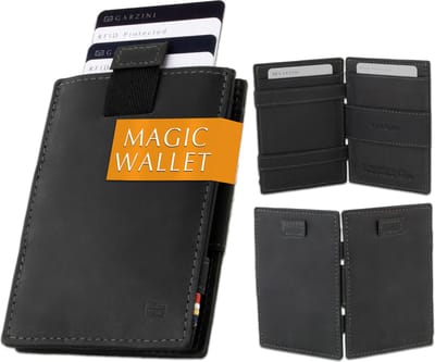 Garzini Portemonnee Heren, Leren Pasjeshouder RFID, Kaarthouder voor 12 Pasjes, Compacte Magic Wallet, Echt Leer Portefeuille, Zwart