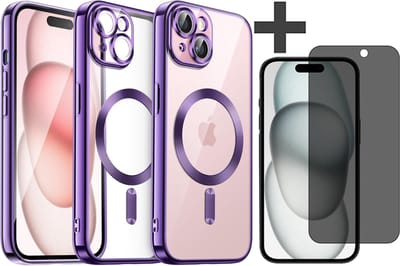 Hoesje met Privacy Screenprotector Geschikt voor iphone 15 Hoesje - Geschikt voor MagSafe - Arara siliconen Backcover - Paars