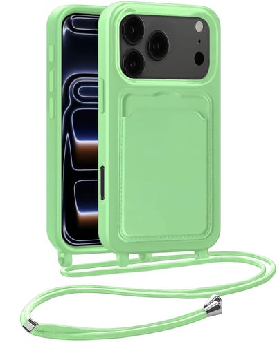 Hoesje Geschikt voor iPhone 17 Pro / 18 Pro Hoesje Met Telefoonkoord en Pasjeshouder Siliconen - Hoes Geschikt voor iPhone 17 Pro / 18 Pro Hoesje Met Kaarthouder Case - Groen