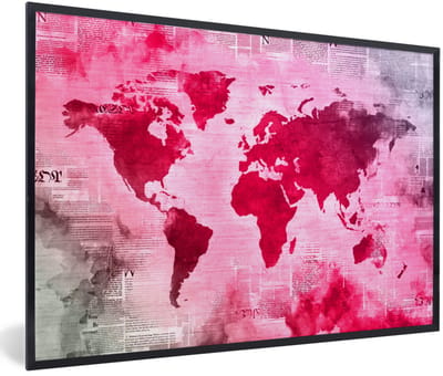 Poster in lijst - Fotolijst 90x60 cm - Posters - Wereldkaart - Rood - Krant - Posterlijst zwart - Decoratie - Wanddecoratie woonkamer - Muurdecoratie slaapkamer