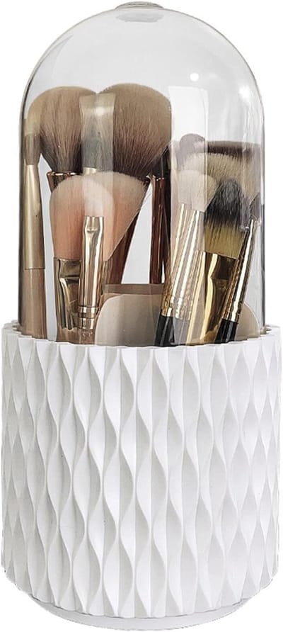 Draaibare cosmetica-organizer - met deksel - met kwasten houder - voor het opbergen van cosmetica, lippenstift, kwasten en beautyproducten - wit - 23 x 11 cm