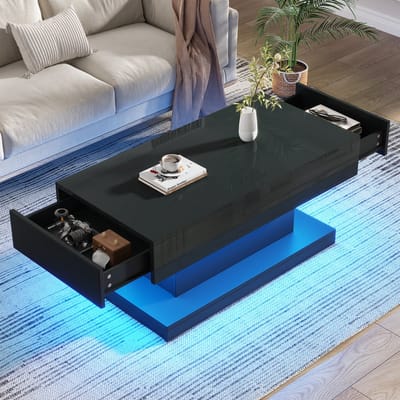 Salontafel - 100 x 50 x 45 cm - 2 Lades en LED Licht - Eenvoudig Ontwerp - Hout - Zwart