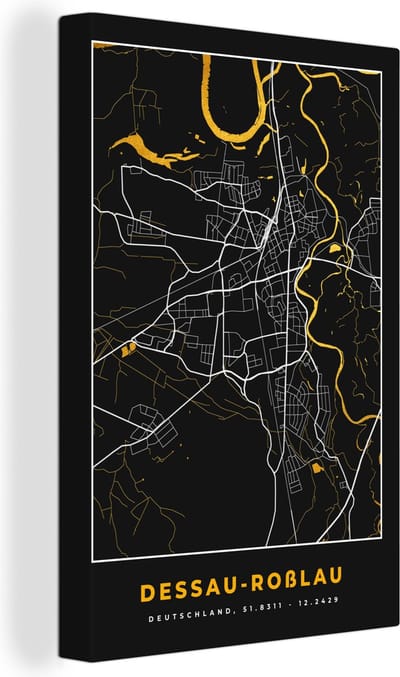 Canvas Schilderij Black and Gold – Stadskaart – Desseau Roßlau – Duitsland – Plattegrond – Kaart - 20x30 cm - Wanddecoratie