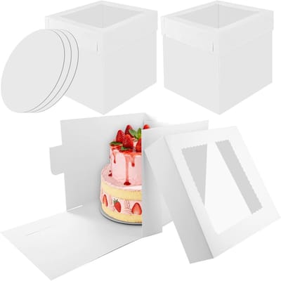 3 Pieces Cake Box, High, 30.5 x 30.5 x 30.5 cm, Cake Box, High with Transparent Viewing Window, Cake Box, White Cake Transport Box, Cake Transport Box, Cake Box for Pastry, Dessert
