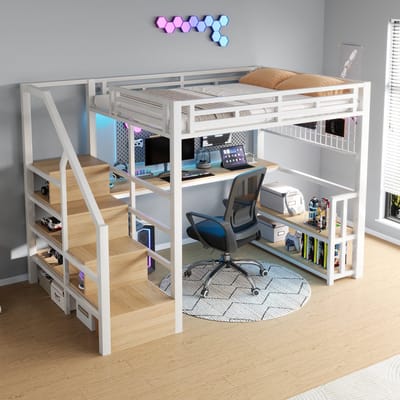 MODFU Hoogslaper 140x200 cm – Wit metaal met bureau, opbergrek & LED – USB & Type-C – Tienerbed