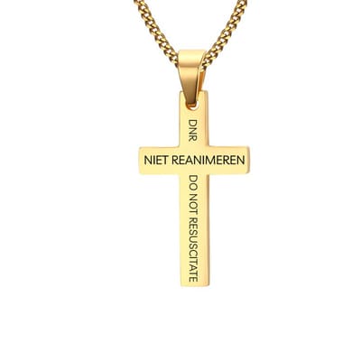 Gegraveerde Niet Reanimeren Ketting - Niet Reanimeren Penning - DNR - Do Not Resuscitate - Gegraveerd - Kruis - Roestvrij Staal - RVS - Verstelbaar - Goudkleurig
