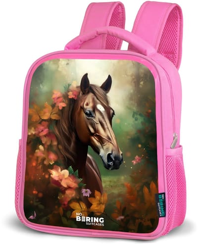 NoBoringSuitcases.com® - Rugzak roze - Schooltas meisjes - Bruin - Paard - Bloemen - Herfsttinten - Kinder rugtas meisje - Boekentas kind - Kinderrugzak voor school - Schoolrugzak