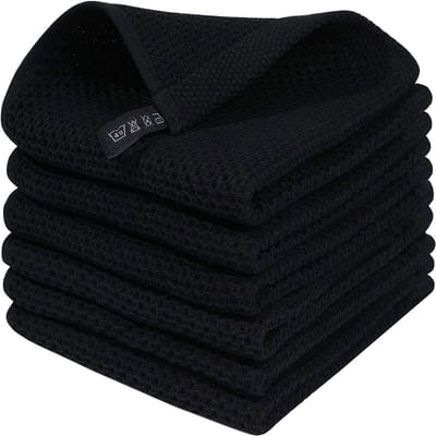HAUSS SPOLE Theedoek Set - 6 Stuks - Wafelpatroon - Keuken Handdoeken - Absorberend Sneldrogend - 34x34cm - 100% Katoen - Zwart