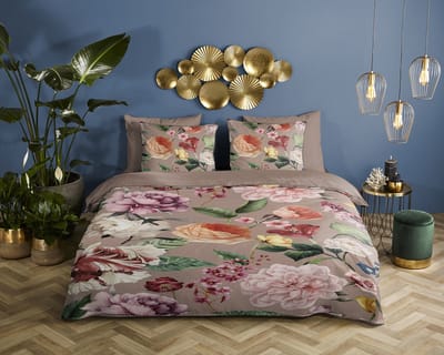 Descanso dekbedovertrek bloemen - 1 persoons 140x200/220 cm - Taupe - 100% Katoen satijn