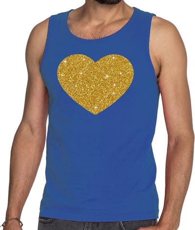 Gouden hart glitter tekst tanktop / mouwloos shirt blauw heren - heren singlet Gouden hart S