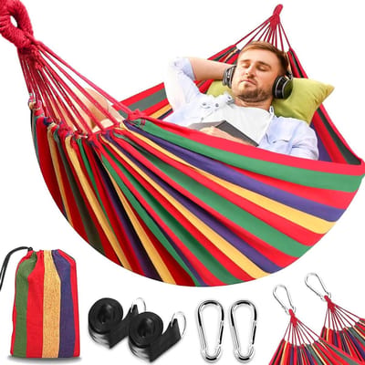 Katoenen Hangmat - Kampeerhangmat Tuinhaamok - Ontspannen Buiten - Extra Breed 2 Persoons - 230 x 150 cm - Lichtgroen