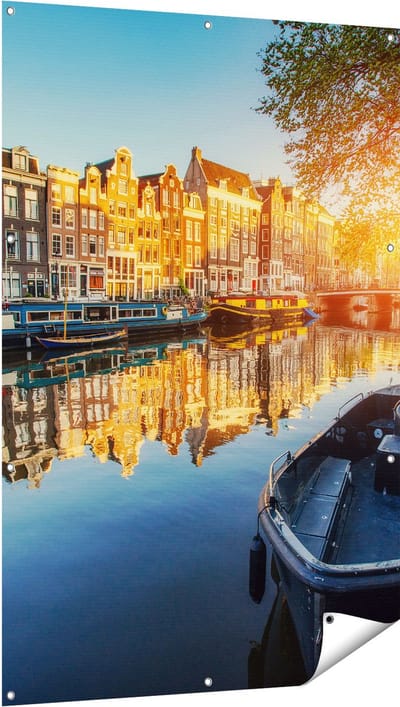 Gards Tuinposter Amsterdamse Gracht bij Zonsondergang - 100x150 cm - Tuindoek - Tuindecoratie - Wanddecoratie buiten - Tuinschilderij