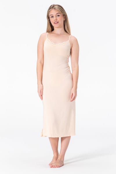 Bamboe Onderjurk Lang met Kant - Verstelbare Spaghetti Bandjes - Beige - Maat S/M (EU 36-38) - Lengte (112CM)