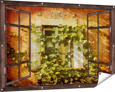 Gards Tuinposter Doorkijk Raam met Luiken - 150x100 cm - Tuindoek - Tuindecoratie - Wanddecoratie buiten - Tuinschilderij