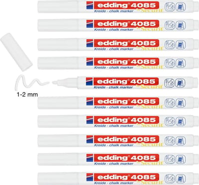 edding 4085 krijtmarker - 10 witte raamstiften - ronde punt 1-2 mm - raamstiften voor borden, ruiten, glas, spiegels - krijtstift voor ramen zijn afwasbaar en uitwisbaar