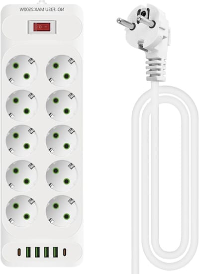 10-voudige Stekkerdoos met 4 USB Oplaadpoorten en 2 Type-C Aansluitingen, Wandmontage met Schakelaar en 2m Kabel voor Thuis en Kantoor