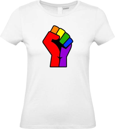 Dames T-shirt Regenboog Vuist | Gay pride shirt kleding | Regenboog kleuren | LGBTQ | Wit dames | maat XS