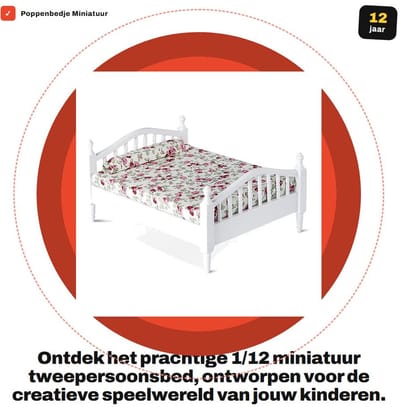Dailygoods- Poppenbedje Miniatuur - Houten Tweepersoonsbed - Bloemenpatroon - 1/12 Schaal - Speelhuisdecoratie - Geen montage nodig - Poppenhuisbed