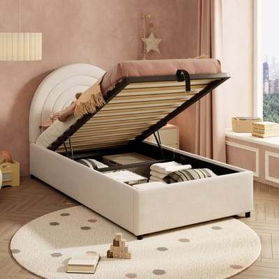Wishdor Opbergbed 90x200 cm - Eenpersoons Kinderbed met Hydraulische Opslag - Teddy / Bouclé Stof - Inclusief Lattenbodem - Beige