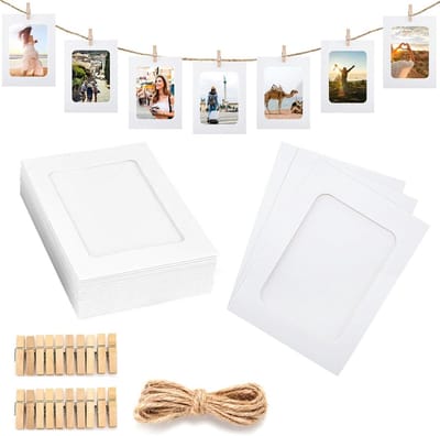 20 Stuks Ophangbare Fotolijstjes Wit Karton Set met Touw en Houten Klemmen